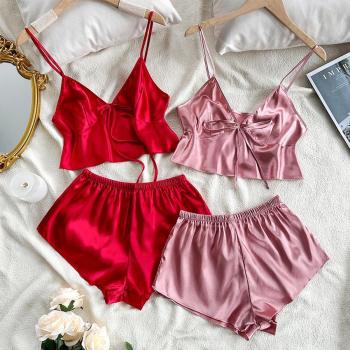 two packs sexy non-stretch solid color sling crop shorts set sleepwear #3