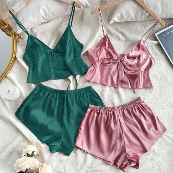 two packs sexy non-stretch solid color sling crop shorts set sleepwear #4