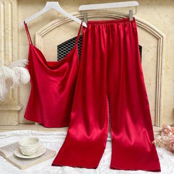 sexy non-stretch solid color imitation silk sling pants set sleepwear
