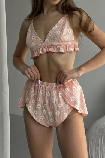 sexy non-stretch floral print crop top cotton shorts set sleepwear (no jacket)