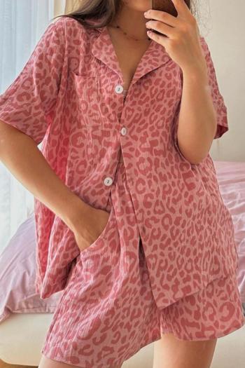 casual non-stretch leopard print loose cotton shorts set loungewear