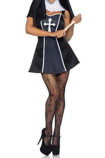 halloween sexy slight stretch cross printing nun three-piece costume & pantyhose