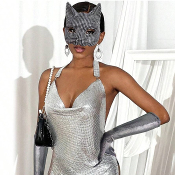 three pcs halloween dance party rhinestone cat girl cosplay mask with gloves