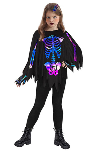 three pcs kids halloween dance party skeleton print cloak