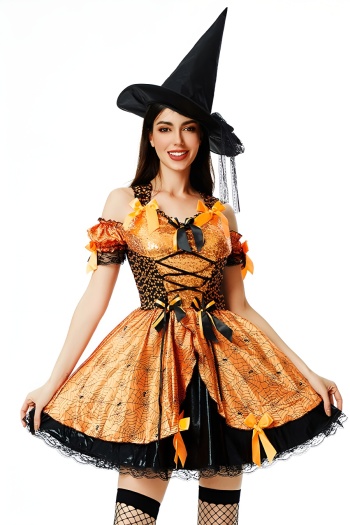 halloween slight stretch cosplay bow lace mini dress & hat(no stockings)