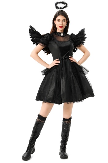 halloween slight stretch cosplay mini dress with wing & hair hoop & stockings