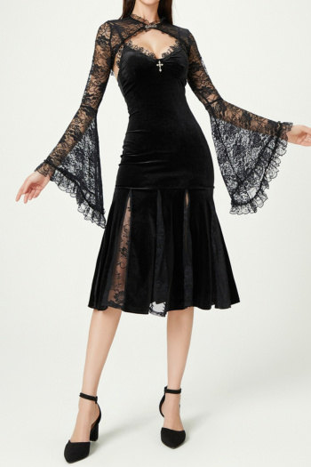 halloween gothic slight stretch velvet lace queen cosplay midi dress & crop top