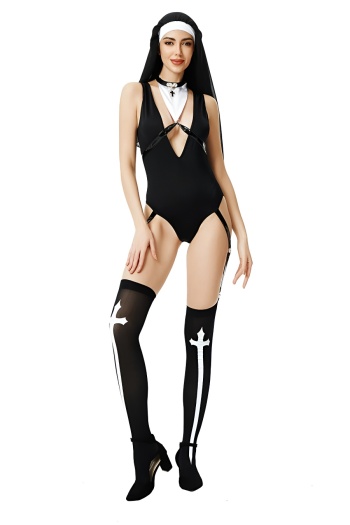 halloween sexy stretch nun cosplay bodysuit & headband & neckwear & stockings