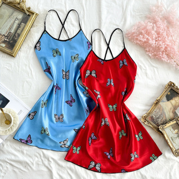 two packs sexy non-stretch butterfly printed sling mini dress sleepwear