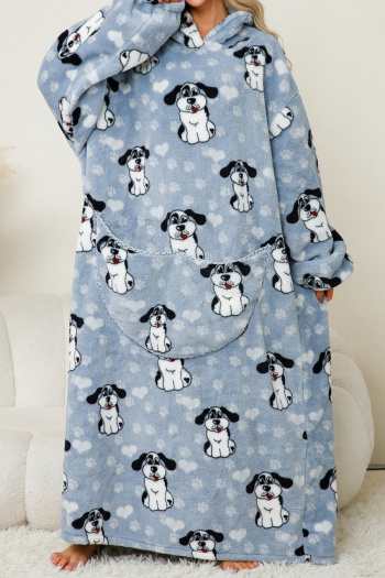 stylish slight stretch coral fleece dog printing hooded maxi dress loungewear