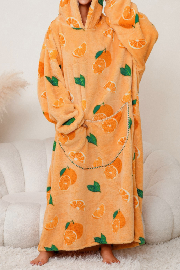 stylish slight stretch coral fleece orange printing hooded maxi dress loungewear