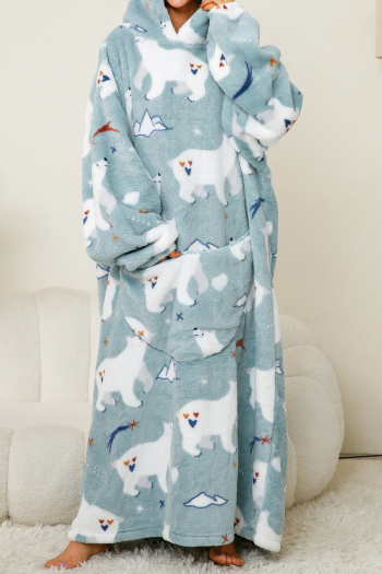 casual slight stretch coral fleece polar bear print hooded maxi dress loungewear