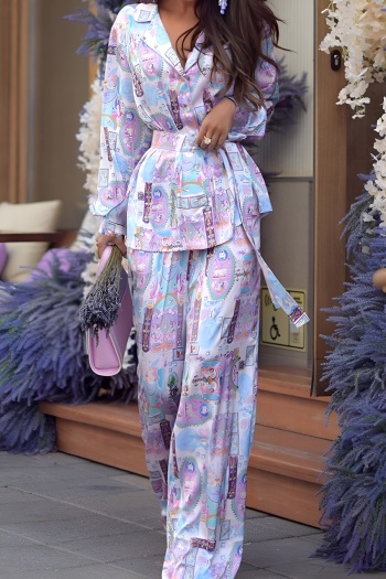 casual no-stretch geometric batch print with belt pants sets loungewear