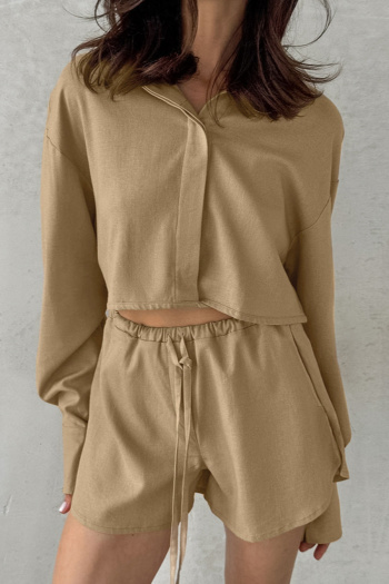 casual non-stretch solid color cotton crop shirt shorts set loungewear