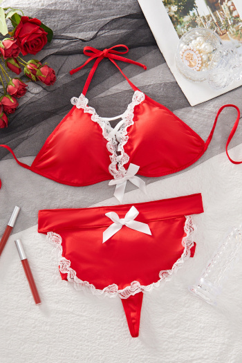 sexy slight stretch lace bow-decor backless two-piece set