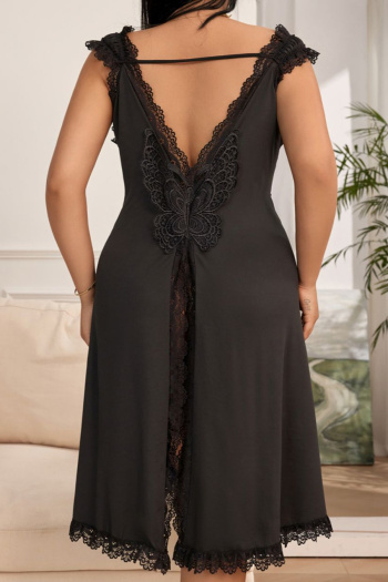 sexy plus size non-stretch lace butterfly slit backless midi dress sleepwear