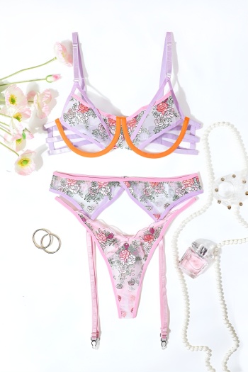 sexy slight stretch see through mesh embroidery underwire garter three-piece set