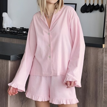new casual no-stretch patchwork cotton solid color lapel tops shorts sets