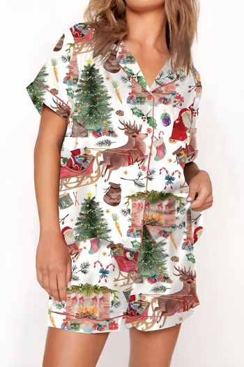 Christmas non-stretch christmas tree elk car print casual shorts set loungewear