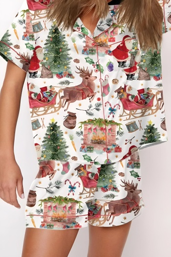 Christmas non-stretch christmas tree elk car print casual shorts set loungewear