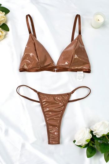 sexy slight stretch gloss pu leather triangle bra & panty set