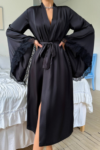sexy non-elastic loose satin lace splicing nightgown with belt