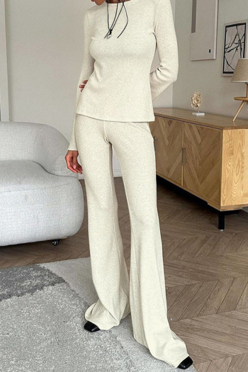 casual stretch ribbed knit crew neck flared pants set
