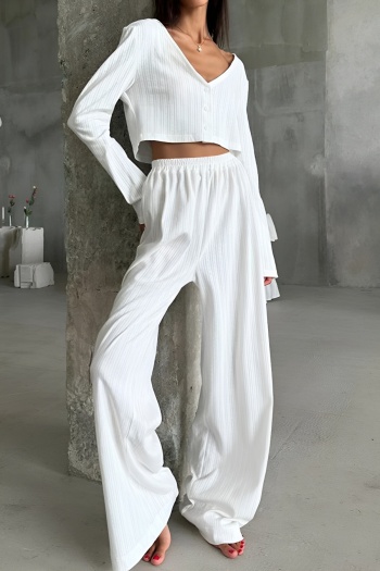 casual stretch pure color v-neck soft pants set