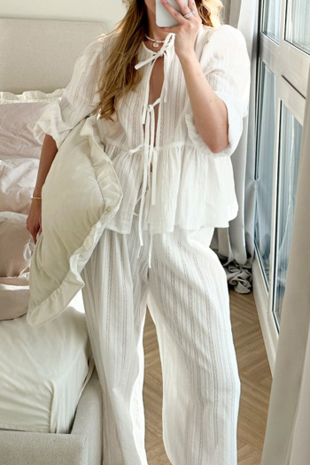 casual non stretch cotton lace-up long sleeves pants sets loungewear
