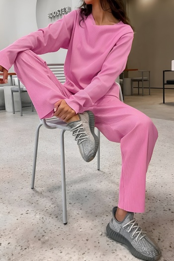 casual stretch crew neck ribbed knit pants sets