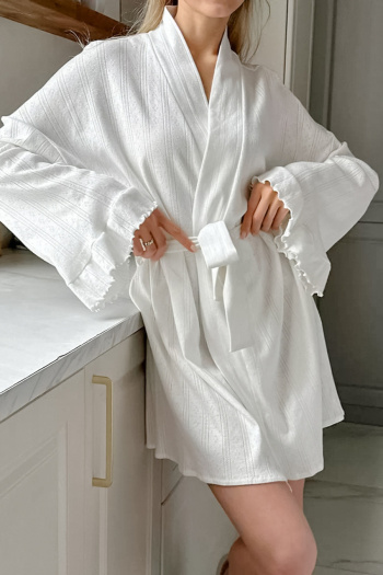 casual slight stretch pure color ruffle with belt robe