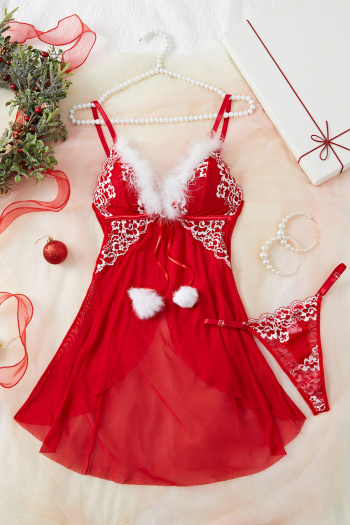 christmas slight stretch see-through mesh sexy babydoll with thong