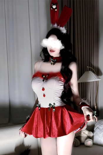 sexy christmas slight stretch bow dress with hair hoop & gloves & neck ring