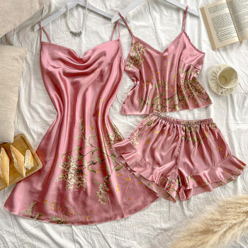 sexy non-stretch sling imitation silk printed three-piece set sleepwear