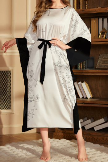 non-stretch imitation silk crew neck flower brunch printing sleepwear