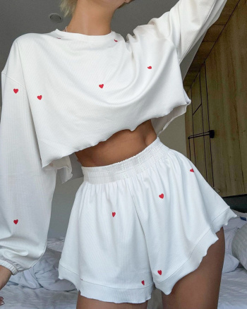 new slight stretch heart pattern loose soft shorts sets loungewear