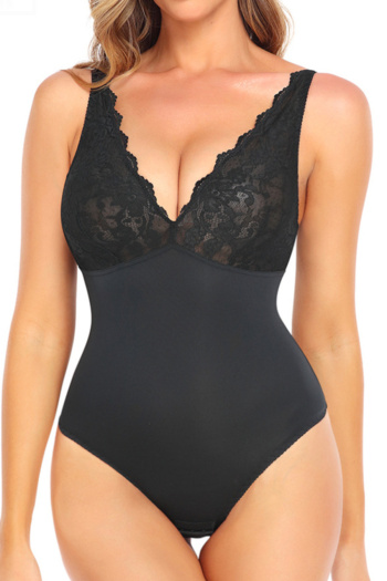 sexy plus size slight stretch lace stitching v-neck backless bodysuit shapewear