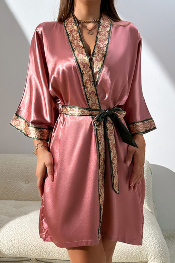sexy non-stretch imitation silk print belt three-quarter sleeves robe sleepwear