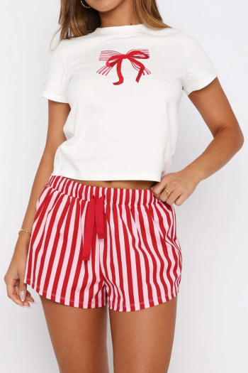 new slight stretch bow printing tops & lace-up stripes shorts sets loungewear