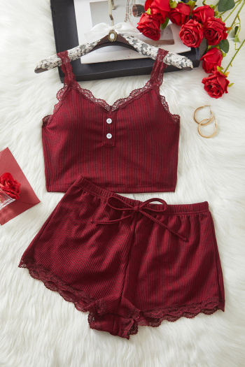 casual slight stretch solid color slim crop top and shorts set sleepwear