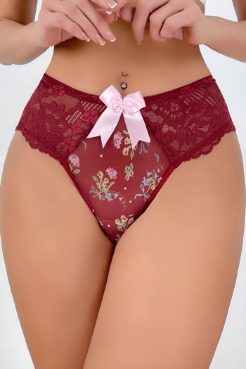 sexy slight stretch see through lace floral printing bow panty