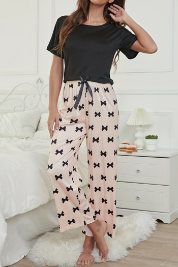 slight stretch bow batch printing crew neck pants sets loungewear