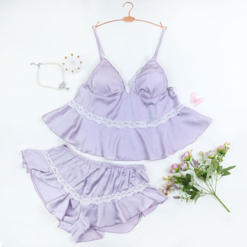 sexy non-stretch solid color sling backless with padded shorts set sleepwear