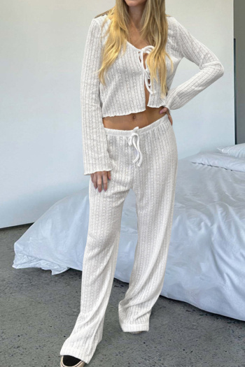 autumn solid color laced loose soft breathable crew neck pants set loungewear