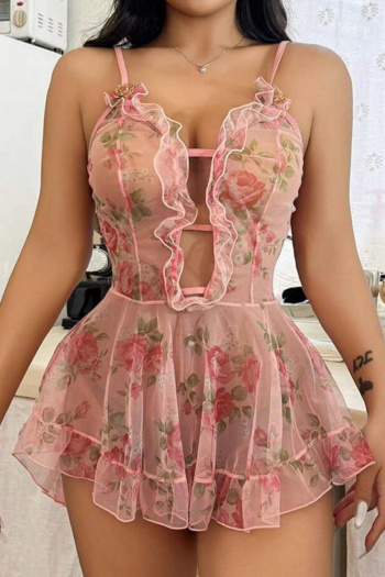 sexy non-stretch see-through chiffon sling flower print babydoll