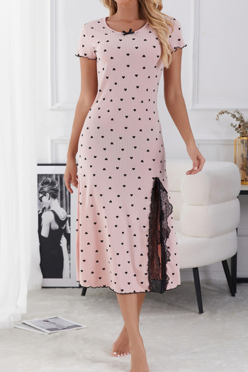 slight stretch heart batch printing lace trim slit loungewear