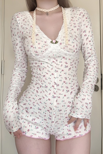 stylish slight stretch floral printing v-neck long sleeve playsuit loungewear