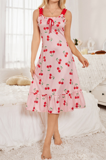 casual slight stretch cherry print sling midi dress sleepwear