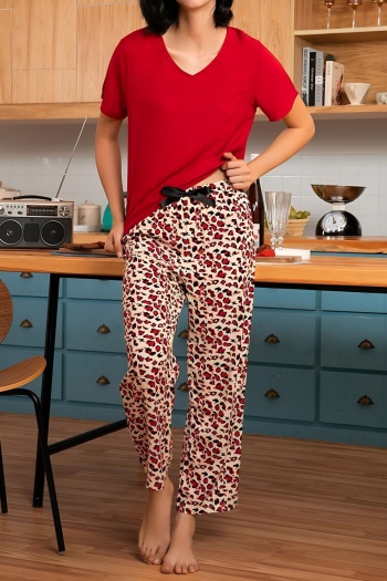 stylish slight stretch two colors v-neck top & bow pants set loungewear