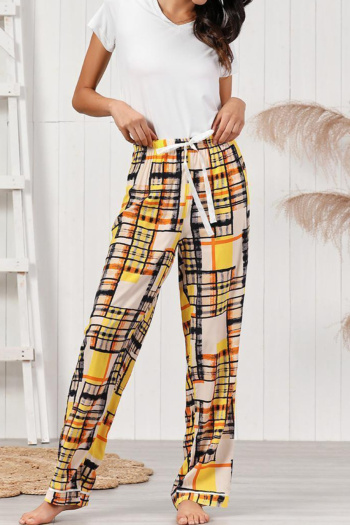 stylish slight stretch white t-shirt & checkered print pants set loungewear